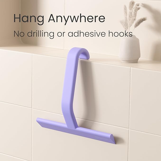 dancemoon JustHang Shower Squeegee for Glass Doors, All-in-One Piece Silicone Squeegee with Built-in Hook for Bathroom, Window, Mirror, Tile Wall, Car, Streak-Free Bathroom Cleaner Tool,10 Inch Purple