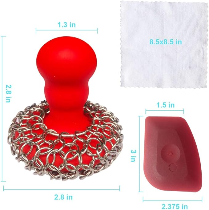 316 Upgraded Chainmail Scrubber with Silicone Handle Cast Iron Cleaner for Cast Iron Grill Pan Skillet Wok Bakeware Ergonomic to Hold Easy to Use Dishwasher Safe, Scrubber + Scraper + Towel (Red)