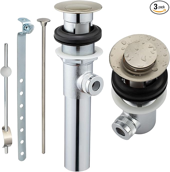 Artiwell Sink Pop-Up Drain Stopper Assembly with Lift Rod and Overflow, Solid Brass Lavatory Pop Up Drain Assembly for Bathroom Vanity Sink, All Brass Construction (Brushed Nickel)
