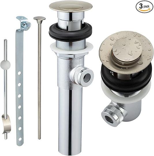 Artiwell Sink Pop-Up Drain Stopper Assembly with Lift Rod and Overflow, Solid Brass Lavatory Pop Up Drain Assembly for Bathroom Vanity Sink, All Brass Construction (Brushed Nickel)