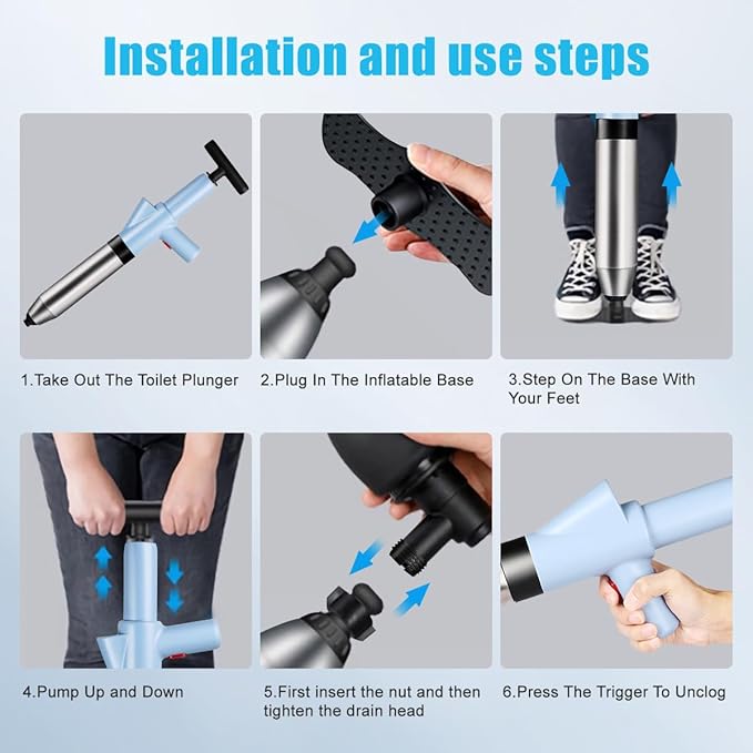 Fast High Pressure Toilet Plunger with Real-Time Barometer | Heavy Duty Air Drain Blaster & Unclogger Tool for Bathroom, Toilets, Sinks, Tubs, Pipes | Clog Remover Kit & Toilet Snake Alternative