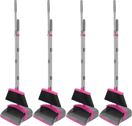 NACENA Broom and Dustpan Set, 52-in Long Adjustable Handle Broom Dustpan Combo with Dustpan Teeth to Automatically Clean Hair Suitable for Home Kitchen Office Hall Floor (Grey&Rose), 4 Pack