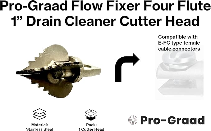 1” Spear 4 Flute Flow Fixer Drain Cleaner Plumbing Snake Cutter Head for 1-1/4” – 2” Pipes, Clears & Scrapes Inner Walls, Fits 3/8” 1/2" or 9/16” Cables, Commercial & Residential Use