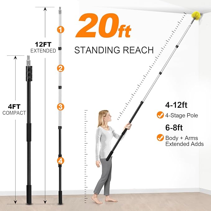 4-12ft Cobweb Duster with Extension Pole, 20 Foot High Reach Feather Dusters with Bristles for Cleaning Outdoor Indoor, 4-Stage Spider Web Remover with Telescopic Pole for Ceiling Wall Yellow
