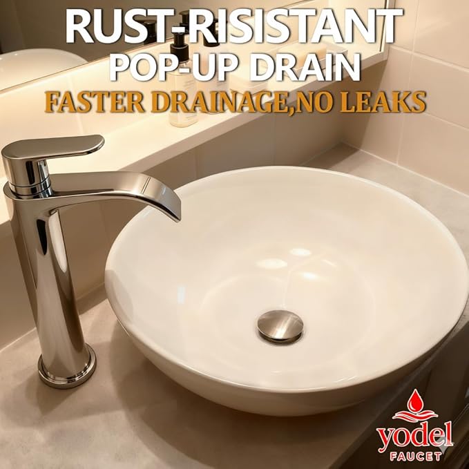 Vessel Sink Drain Without Overflow - Bathroom Sink Drain Stopper - Pop Up Drain All Metal - Big Cap Fit for Vessel or Undermount Sink,Brushed Nickel,YDPOP-1