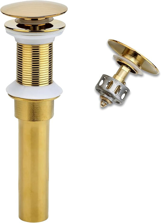 Bathroom Sink Drain, Gold Drain Stopper Bathroom Sink Without Overflow,Pop Up Drain Assembly with Detachable Strainer Basket,Built-in Anti-Clogging Strainer,Stainless Steel