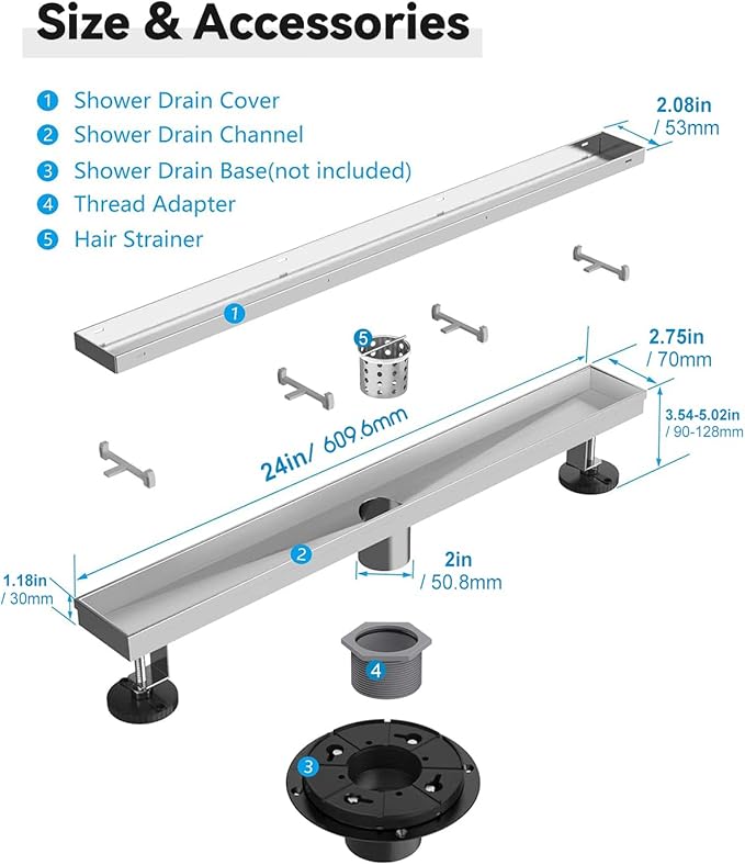 Shower Drain, 2 in 1 Linear Shower Drain 24 Inch(Brushed Nickel), 304 Stainless Steel Shower Floor Drain with Tile Insert Grate,Adjustable Feet,Hair Filter