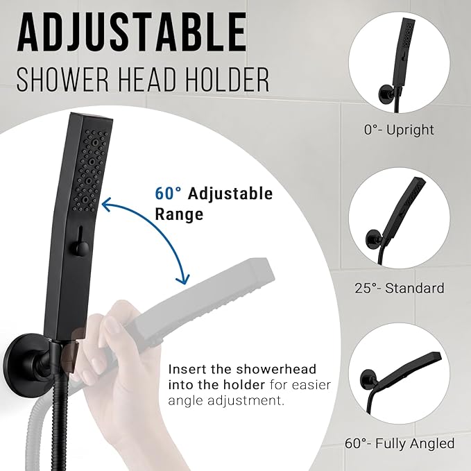 G-Promise All Metal Handheld Shower Head Holder, Adjustable Wall Mount Shower Wand Bracket, Strong Adhesive Disc Mount or Drill Installation (Round, Matte Black)