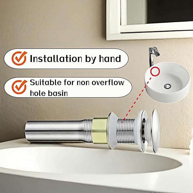 Pop-Up Sink Drain for No Overflow Basin, Stainless Steel, Hair Catcher Filter, 7.09 inch Length, Brushed Nickel (Nonporous)