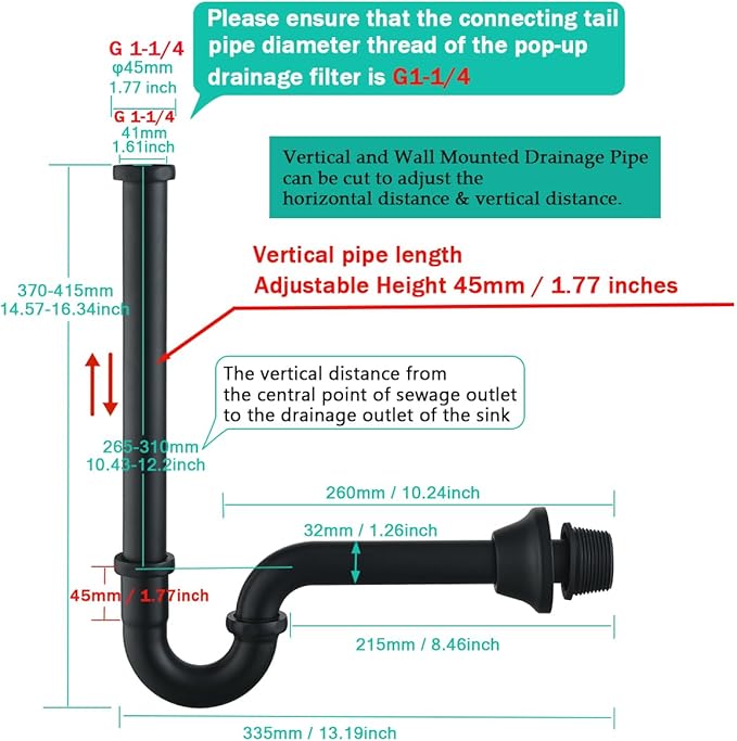 Brass P Trap U-Shape 1 1/4 inch Sink Drain Pipe with Slip Joint Extension Tub,12 inch Vertical Pipe length Adjustable Height Sink Waste Trap Drain Kit Matte Black,SE83555MB-L