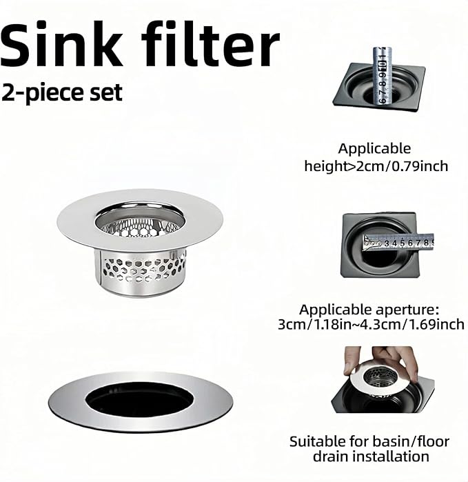 Bathroom Sink & Bathtub Drain Filter Strainer Set - 2 Pack Hair Catcher with Universal 1.25-1.6 Inch Drain Cover for Shower, Vanity, RV Sink - Anti-Clog, Easy-Clean, Gap-Free Design