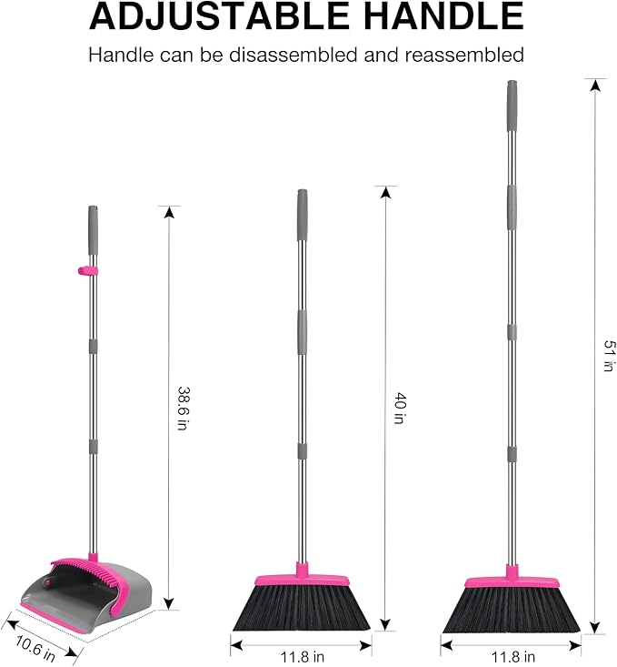 NACENA Broom and Dustpan Set, 52-in Long Adjustable Handle Broom Dustpan Combo with Dust pan Teeth to Automatically Clean Hair Suitable for Home Kitchen Office Hall Floor (Grey&Rose), 2 Pack