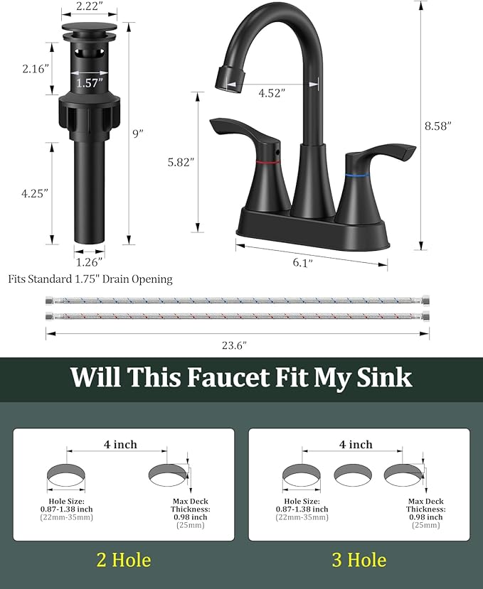 2 Pack Matte Black Bathroom Faucet 3 Hole, Evolvegoods 4 Inch Stainless Steel Bathroom Sink Faucet, 2 Handle Centerset Faucet for Bathroom Sink Vanity, with Pop Up Drain and 2 Supply Hoses