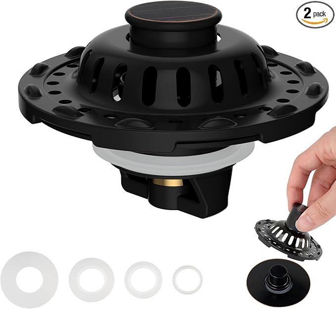 2PACK Universal Bathtub Drain Stopper Shower Hair Catcher Bathroom Sink Strainer, Tub Stopper with Visible Top Strainer, Brass Metal 3 in 1 Stopper for Standard 1.1''~2.36'' Hole, Oil-Rubbed Bronze