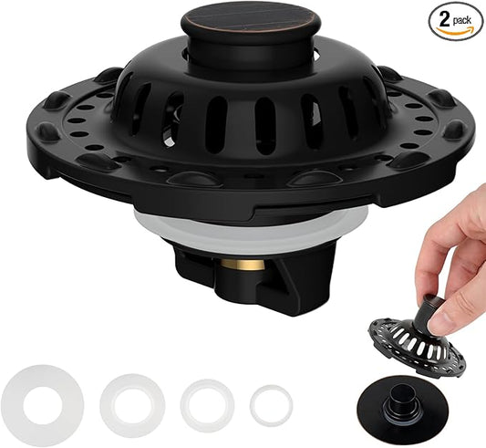 2PACK Universal Bathtub Drain Stopper Shower Hair Catcher Bathroom Sink Strainer, Tub Stopper with Visible Top Strainer, Brass Metal 3 in 1 Stopper for Standard 1.1''~2.36'' Hole, Oil-Rubbed Bronze