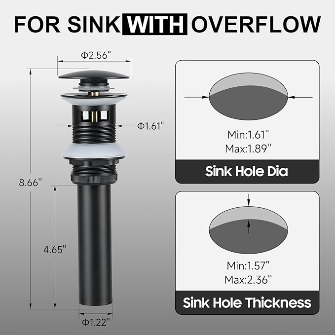Bathroom Sink Drain with Overflow Pop Up Sink Drain for Vessel Vanity Lavatory Sink, Matte Black