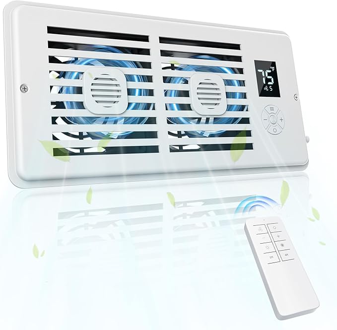 AC Vent Booster Fan 4" x 10" Register, Quiet 10-Speed Air Booster with Thermostat Control, Remote & LCD Display, Aroma Pad Slot, Improves Airflow for Small Rooms