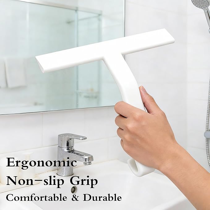Shower Squeegee for Glass Doors - Squeegee for Shower Glass - All-One-Piece Silicone Cleaner with Built-in Hook for Bathroom, Glass, Mirror, Tile, Car & Kitchen (White)