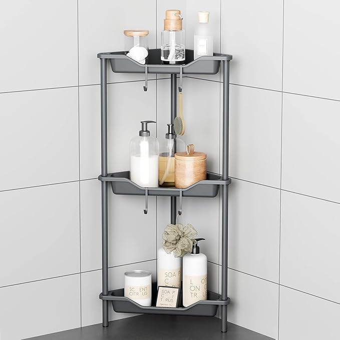 ODesign 3 Tier Floor Standing Corner Shower Caddy Organizer Plastic Metal Splicing Shelf Storage Rack for Bathroom