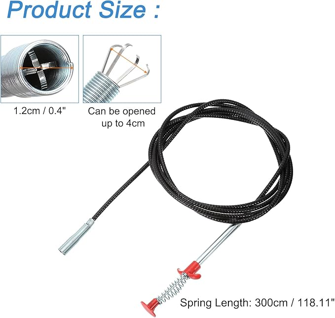 uxcell 118.11" Drain Clog Remover, Gutter Cleaning Tools Drain Cleaner, Flexible Grabber Claw Pick Up Reacher for Kitchen Bathroom Tub