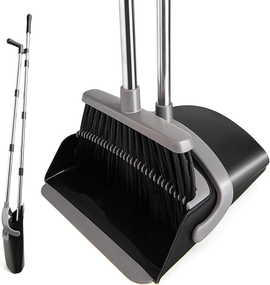 Broom and Dustpan Set, Long Handle Lightweight Dustpans with Broom Combo for Home, Indoor&Outdoor Sweeping for Home Room Kitchen Office Lobby (Charcoal)