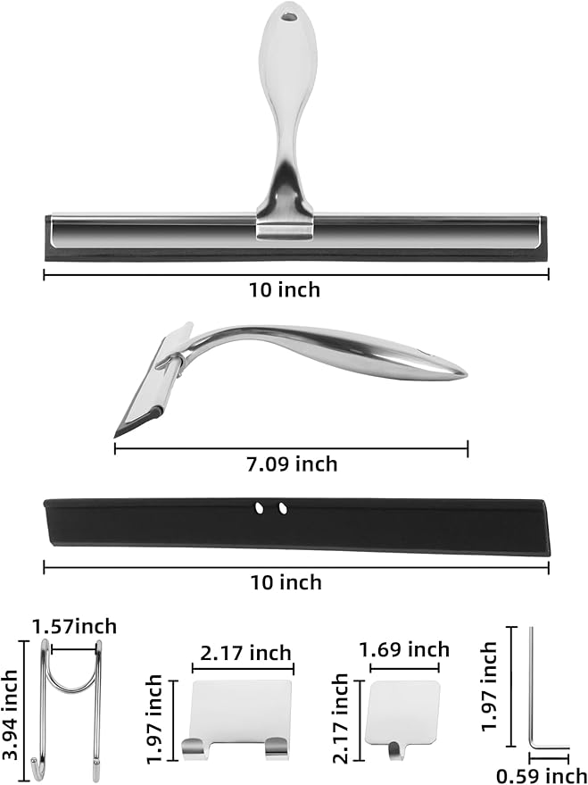 All-Purpose Stainless Steel Shower Squeegee Come with S Hook, 2 Square Sticky Hook 2 Rubber Strips Shower Squeegee for Glass Doors, Windows, Mirrors, Tiles and Car Glass -10 Inches Silver
