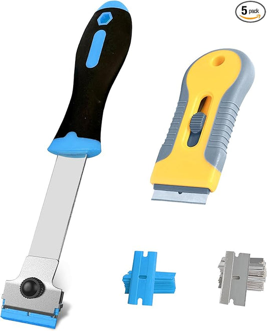 2 Pack Razor Blade Scraper with 10 Plastic and 20 Metal Blades for Removing Paint, Registration Sticker, Grease from Windshield, Glass Top Stove Cooktop Scraper