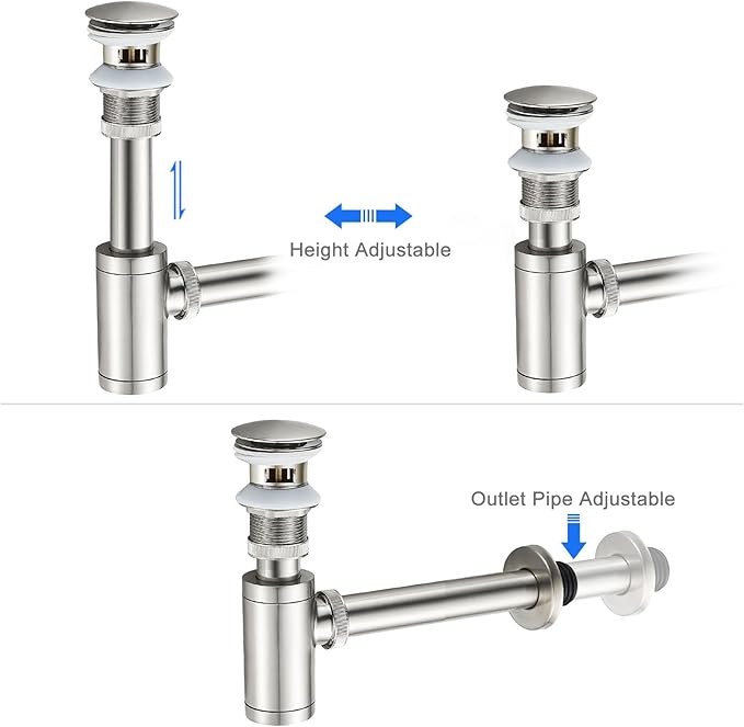 MENATT Bathroom Sink P-Trap Complete Set, Solid Brass 1-1/4 Bottle Trap Sink Drain Kit with Overflow Pop Up Drain Stopper, Brushed Nickel
