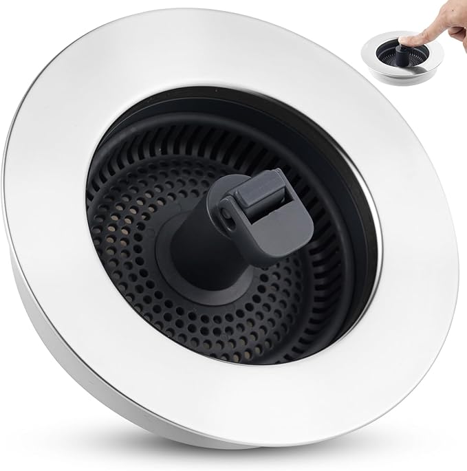 Universal 3-in-1 Kitchen Sink Strainer Stopper Pop Up Sink Drainer with Upgrade Folded Handle, for US Standard 3-1/2 inch Drain Filter, Chrome Stainless-Wraped Shell, Anti-Clog