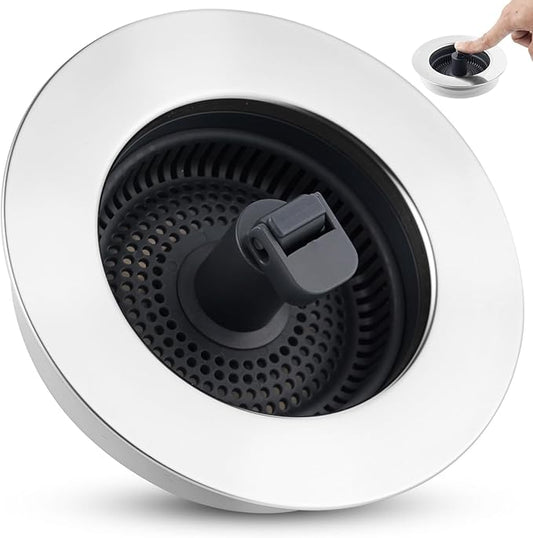 Universal 3-in-1 Kitchen Sink Strainer Stopper Pop Up Sink Drainer with Upgrade Folded Handle, for US Standard 3-1/2 inch Drain Filter, Chrome Stainless-Wraped Shell, Anti-Clog