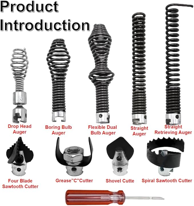 10PCS Drain Snake Drill Attachment Kit - Auger Cutter Set for RIDGID K-400, C-4/C-6/C-7/C-8/C-9, 4 Cutters + 5 Spirals Heads & Tips Accessories for 5/8 Inch Drain Cleaning Cables