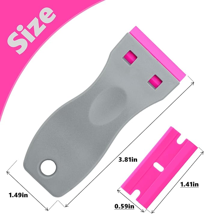 2 Pack Non-Scratch Plastic Scrapers, 8 Red Replacement Razor Blades, House & Car Cleaning Tool for Glass, Cooktop, Oven, Stove, Remove Stain, Paint, Glue (grey pink)