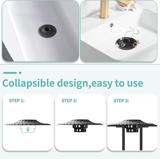 Aluvor Shower Hair Drain Catcher, Silicone Bathtub Drain Hair Catcher Strainer, All-in-one Tub Hair Catcher Drain Protector for 1.48'' to 1.76'' Regular Drains, 3PCS/Black