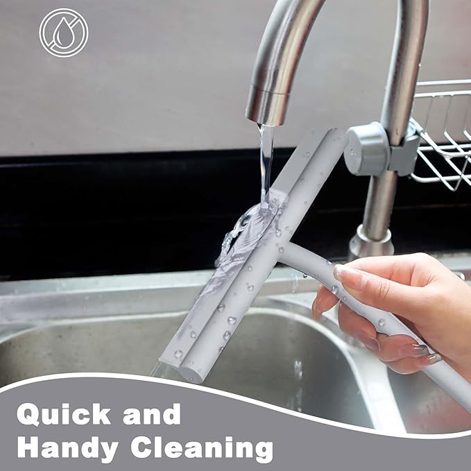Squeegee for Shower Glass Doors, Resilient Loop - No-Drill & Adhesive Hook, Silicone Shower Squeegee with Stainless Steel Core, Cleaning Tool for Home, Kitchen, Bathroom & Car - Grey