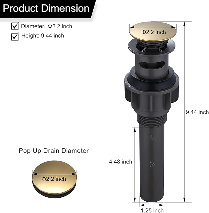 WOWOW Bathroom Sink Drain, Pop Up Drain Stopper for Bathroom Sink and RV Sink, with Overflow, Brushed Gold Vessel Sink Drain, Built-in Anti-Clogging Strainer