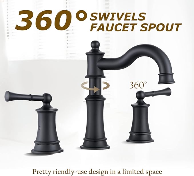 Roman Bathroom Sink Faucet Deck Mount or Wall Mount Installation Pop-up Drain Assembly with Overflow Deck Plate and Water Supply Lines Included (3 Hole Deck Mount, Matte Black)