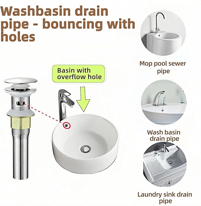 Pop-Up Sink Drain for No Overflow Basin, Stainless Steel, Hair Catcher Filter, 7.09 inch Length, Brushed Nickel (with Holes)