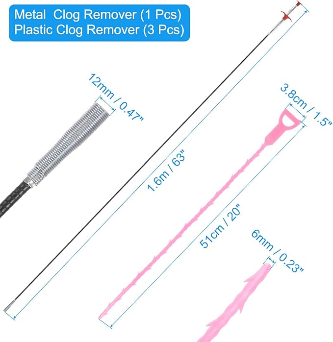 uxcell 3pcs 20 Inch Drain Hair Clog Remover Tool PP & 63 Inch Drain Cleaner Tool Sticks Stainless Steel Sewer Cleaning Hook Unclog Sink Unclogger for Toilet Bathtub Sewer, Pink