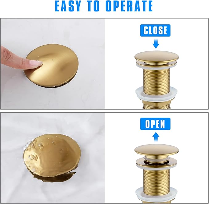 JONKEAN Bathroom Pop Up Drain Without Overflow,Vanity Vessel Sink Drain with Detachable Strainer Basket,Pop Up Drain Stopper Hair Catcher, Built-in Anti-Clogging Strainer(Brushed Gold)