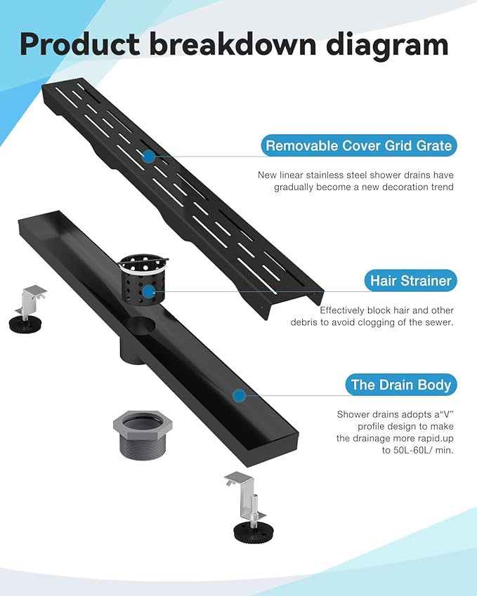 Shower Drain Stainless Steel for Bathroom: Black Linear Shower Drain 18 Inch with Removable Brick Pattern Grate - Adjustable Rectangular Shower Floor Drain with Hair Strainer (Matte Black)