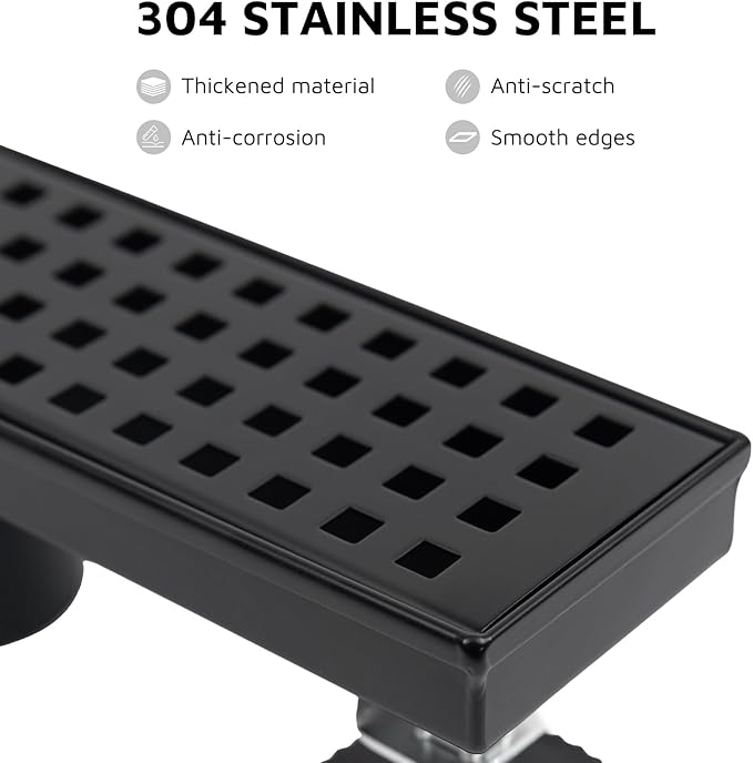 12 Inch Linear Shower Drain Matte Black, Rectangular Shower Floor Drain Kit 304 Stainless Steel, Removable Grid Grate, Hair Catcher, Leveling Feet