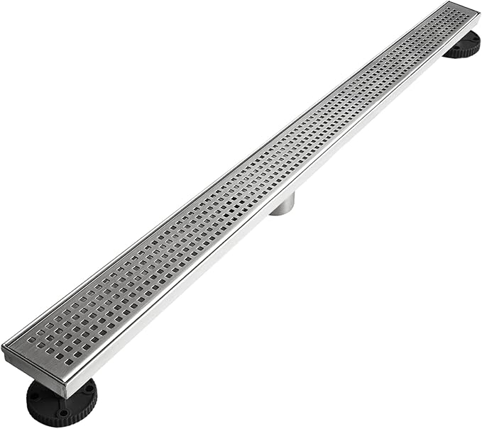 Neodrain 36-Inch Linear Shower Drain with Removable Quadrato Pattern Grate, Brushed 304 Stainless Steel Rectangle Shower Floor Drain, Linear Drain with Leveling Feet,Hair Strainer