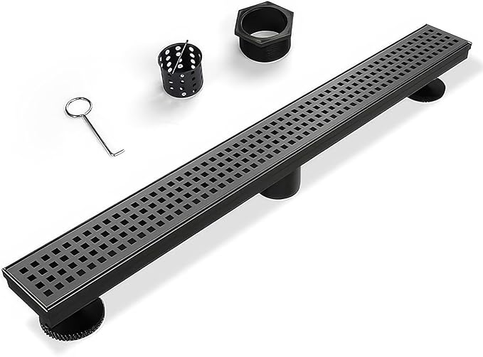 SaniteModar Linear Shower Drain, Matte Black Shower Drain 32 inch with Removable Grate,Brushed 304 Stainless Steel Shower Drain Include Hair Strainer,Adjustable Leveling Feet