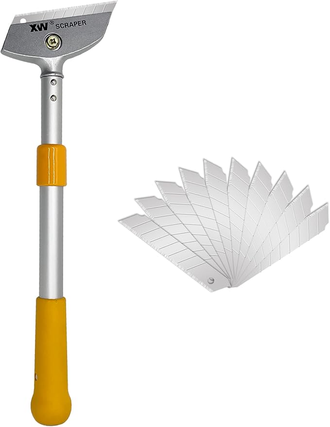 XW Razor Blade Scraper with Adjustable Handle, 23" Long Handle Heavy Duty Floor Scraper, Extra 10 PCS Blades Included