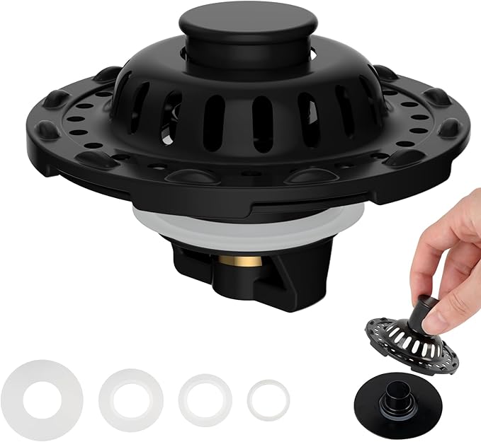 Universal Bathtub Drain Stopper Shower Hair Catcher Bathroom Sink Strainer, Tub Stopper with Visible Top Strainer, Brass Metal 3 in 1 Pop-up Stopper for Standard 1.1''~2.36'' Hole, Matte Black
