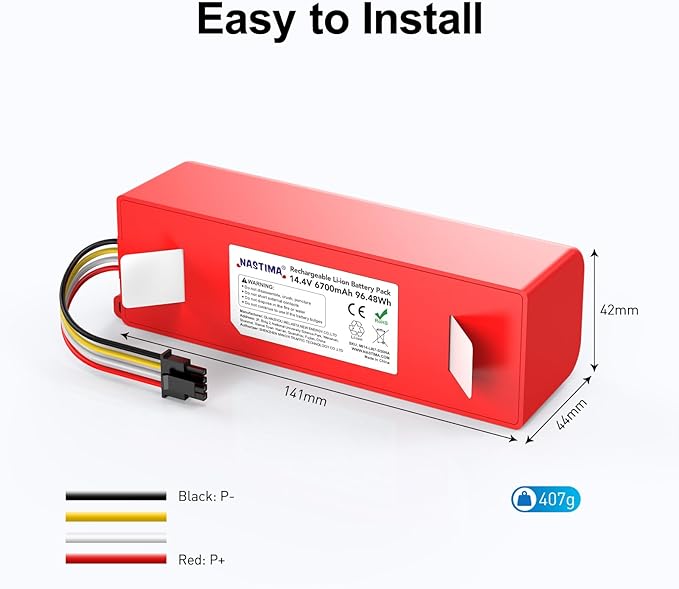 NASTIMA 14.4V 6700mAh 96.48Wh Rechargeable Battery Compatible with Xiaomi Roborock S50 S51 S52 S53 S55 S502 S5 Max S6; T6 61 65 Full Series, Mijia 1st and 2nd Generation Replacement Battery with BMS