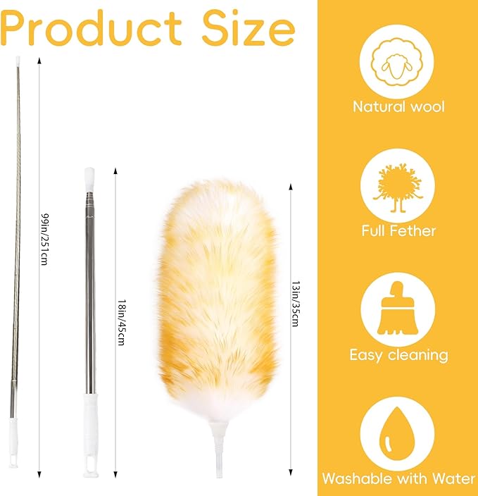 Lambswool Extendable Removable Duster 29-110 Inch Stainless Steel Extension Pole Wool Dusters for Cleaning Ceiling Fans Window Blinds Car Interiors Furniture Dusting,Feather Duster