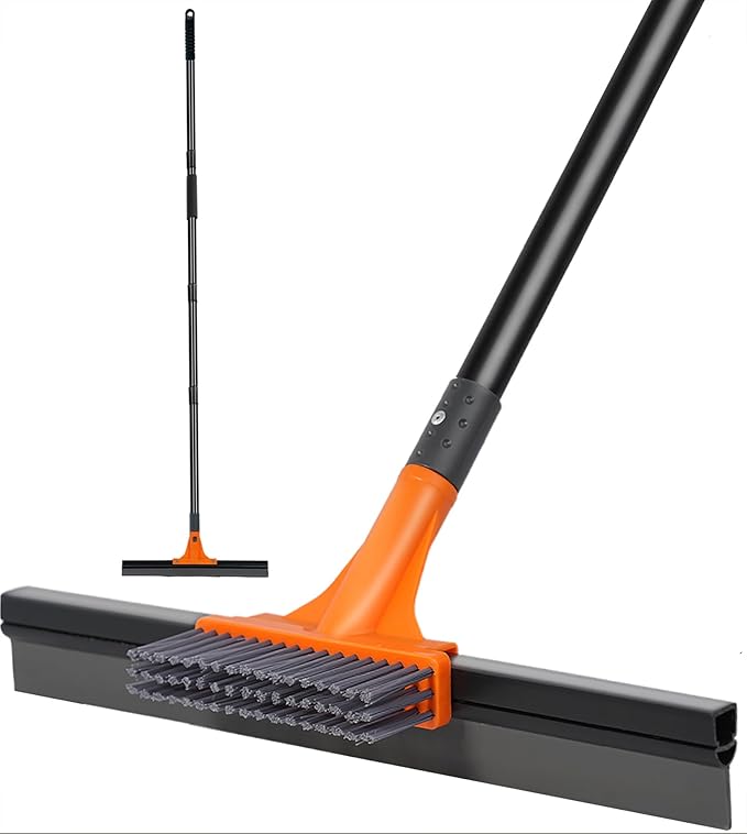 Rubber Floor Squeegee for Concrete Tile Floor, Large Water Squeegee Heavy Duty with Scrub Brush and Long Handle for Cleaning,Squeegee Broom for Window Garage Kitchen Bathroom Deck