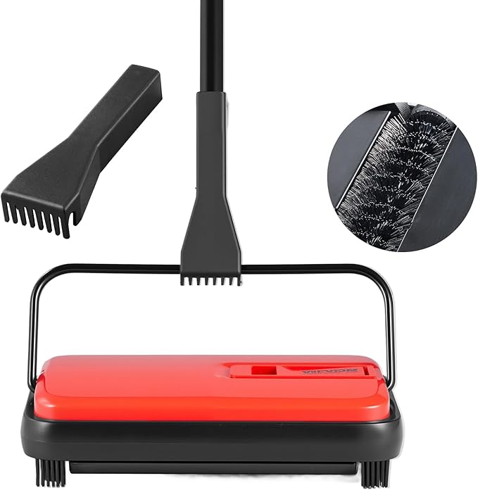 VEVOR Carpet Sweeper Manual, Floor Sweeper with 300 ml Dustbin Capacity Easy to Empty, 6.7 inch Cleaning Width for Home Office Carpets Pet Hair Dust, Red