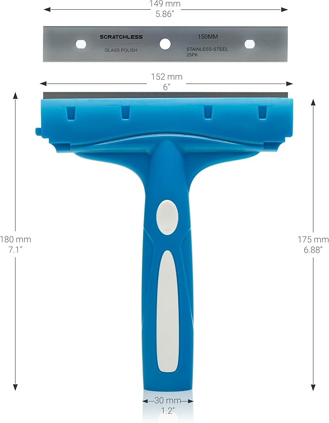 Glass Polish 6 inch (150mm) SCRATCHLESS Professional Scraper for Glass, Windows, Tiles and Any Smooth Surfaces - Comes Fitted with Stainless Steel Blade
